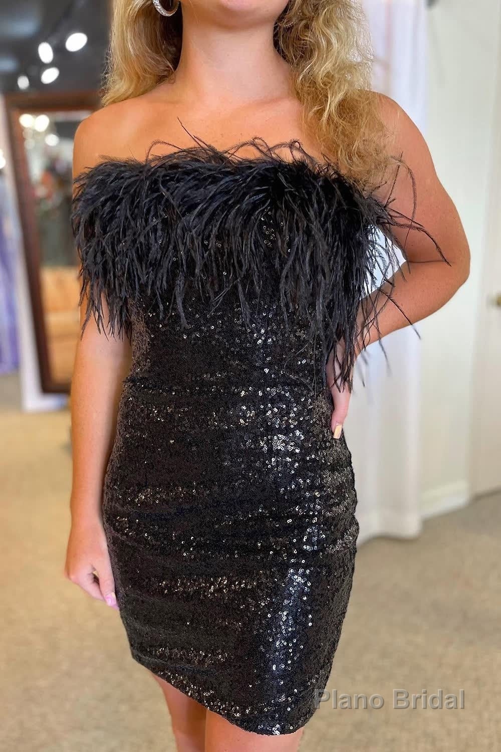 Purple Sparkly Tight Sequins Homecoming Dress with Feathers