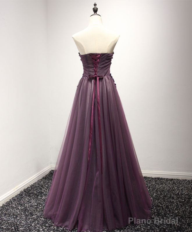 Purple Sweetheart Neck Lace Long Prom Dress, Formal Dress