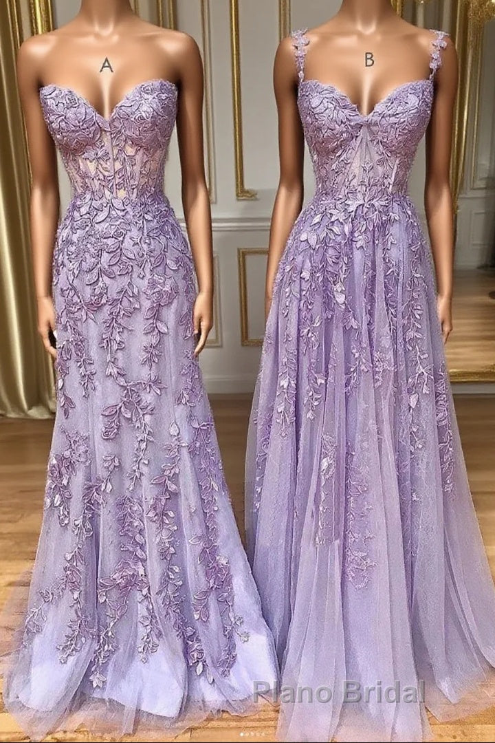 Purple sweetheart neck lace long Formal Prom dress, lace formal graduation dress Main image