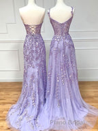 Purple sweetheart neck lace long Formal Prom dress, lace formal graduation dress