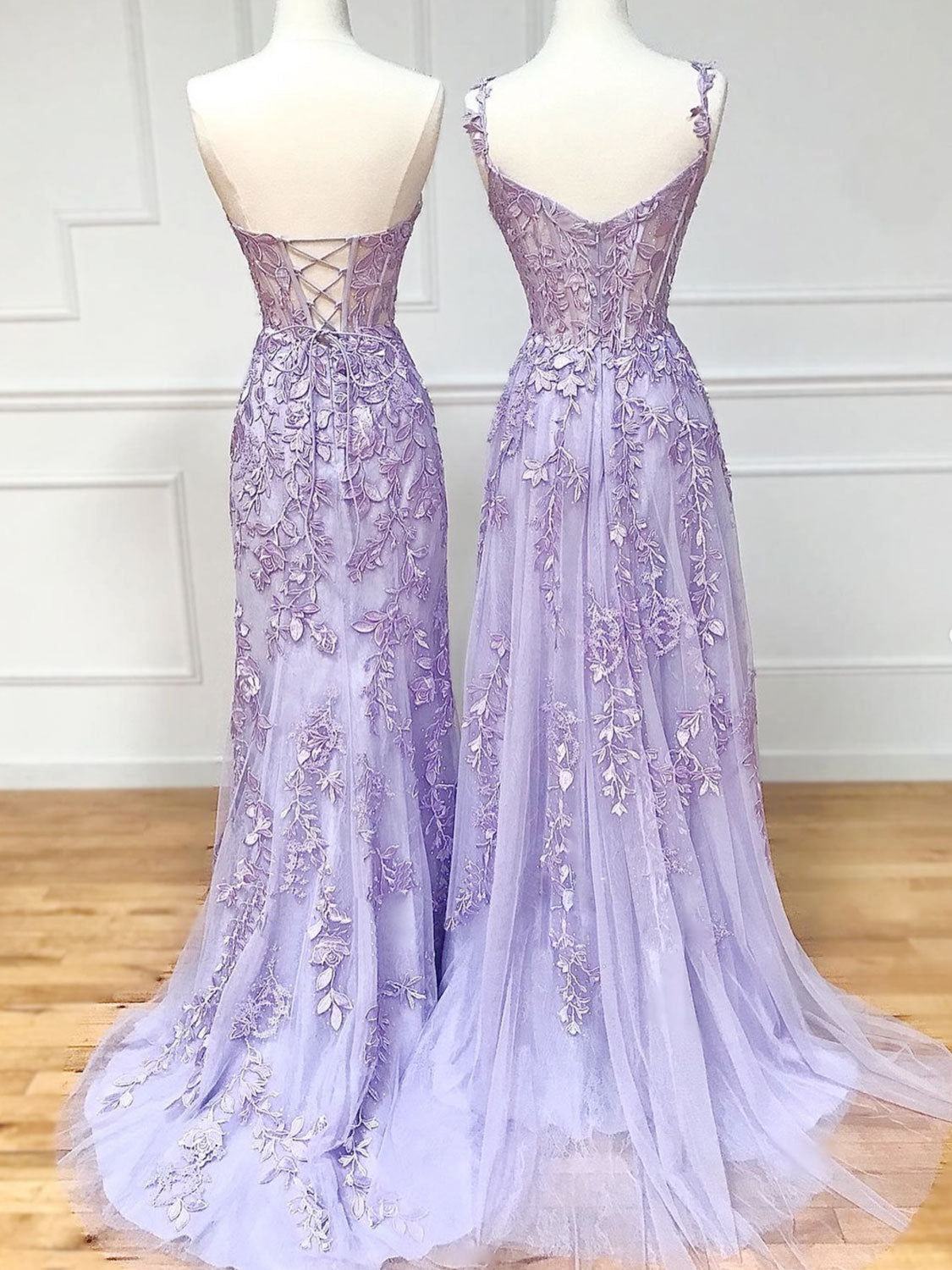 Purple Sweetheart Neck Lace Long Formal Prom Dresses, Purple Lace Graduation Dresses Secondary image