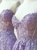 Purple Sweetheart Neck Lace Long Formal Prom Dresses, Purple Lace Graduation Dresses