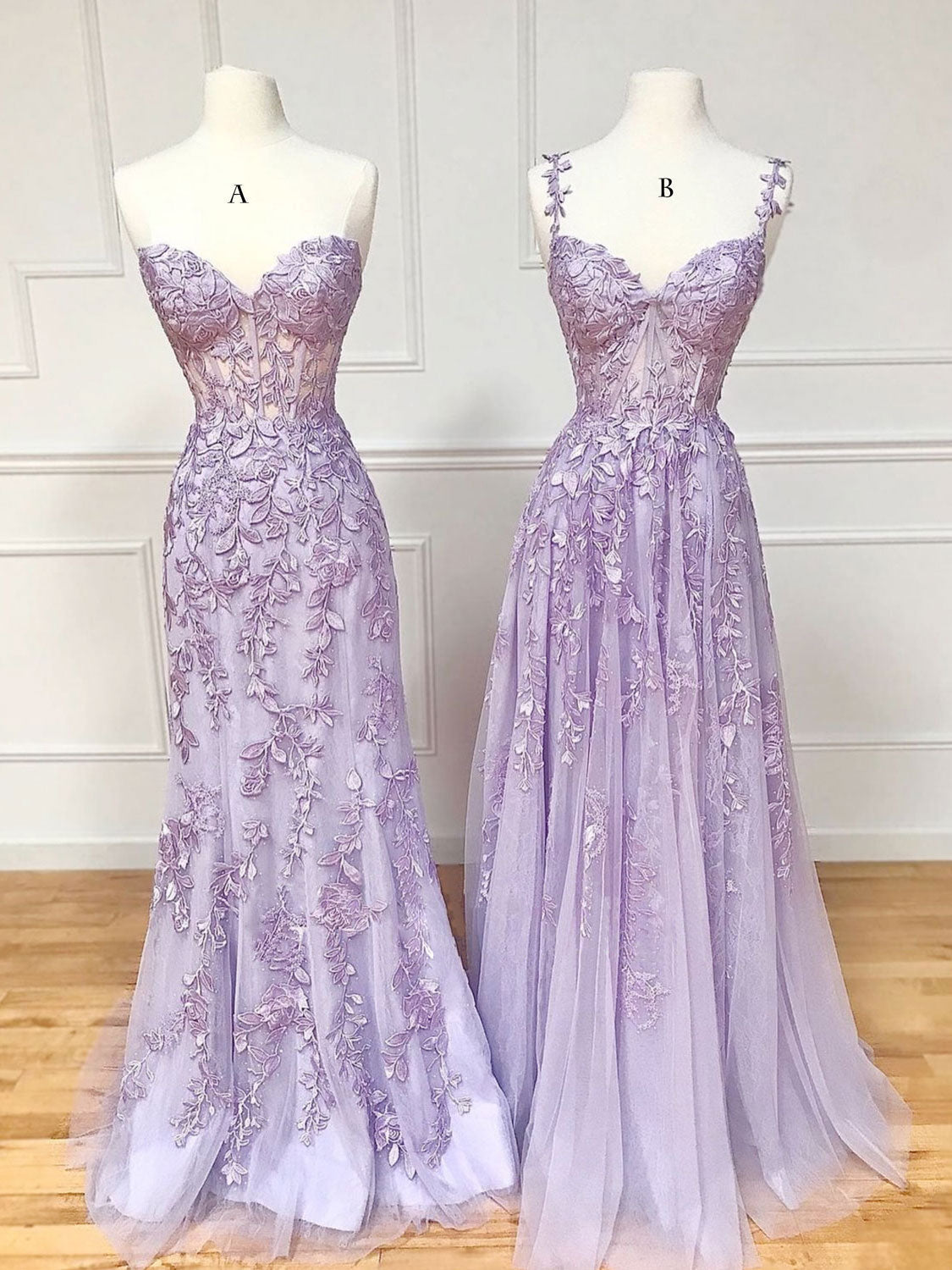 Purple Sweetheart Neck Lace Long Formal Prom Dresses, Purple Lace Graduation Dresses Main image