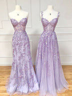 Purple Sweetheart Neck Lace Long Formal Prom Dresses, Purple Lace Graduation Dresses