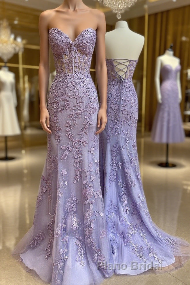 Purple sweetheart neck tulle lace mermaid long Formal Prom dress Main image