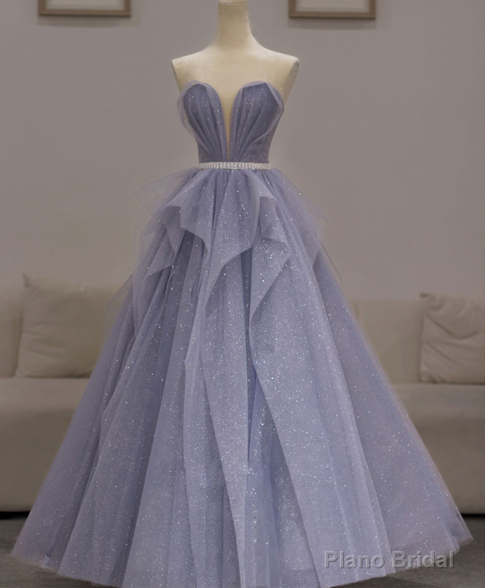 Purple Sweetheart Neck Tulle Sequin Long Prom Dress, Purple Ball Gown Graduation Dress Secondary image
