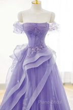 Purple Sweetheart Off Shoulder Tulle Long Party Dresses, Purple Tulle Formal Prom Dresses
