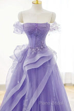 Purple Sweetheart Off Shoulder Tulle Long Party Dresses, Purple Tulle Formal Prom Dresses