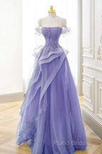 Purple Sweetheart Off Shoulder Tulle Long Party Dresses, Purple Tulle Formal Prom Dresses