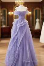 Purple Sweetheart Off Shoulder Tulle Long Party Dresses, Purple Tulle Formal Prom Dresses