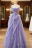 Purple Sweetheart Off Shoulder Tulle Long Party Dresses, Purple Tulle Formal Prom Dresses