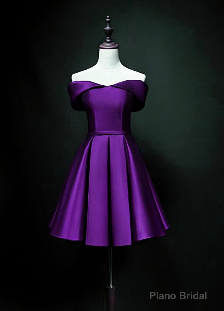 Purple Sweetheart Satin Off Shoulder Homecoming Dresses, Purple Short Prom Dresses Main image