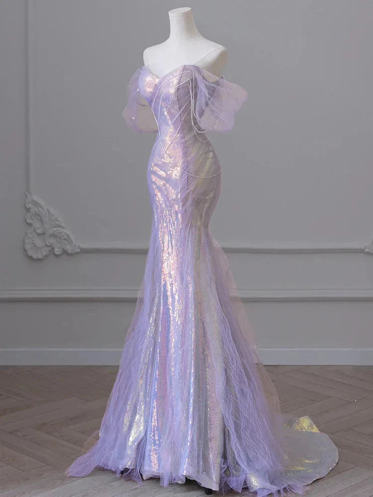 Purple’Ã?Sweetheart Sequin Mermaid Gown-Fairytale Beaded Tulle Train Long Formal Prom Dresses For Events Secondary image