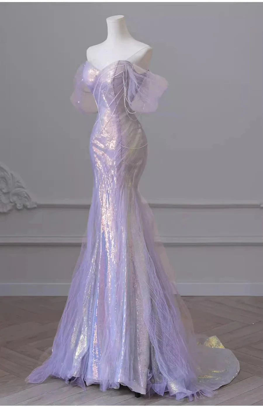 Purple’Ã?Sweetheart Sequin Mermaid Gown-Fairytale Beaded Tulle Train Long Formal Prom Dresses For Events