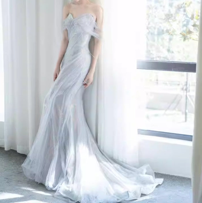 Purple’Ã?Sweetheart Sequin Mermaid Gown-Fairytale Beaded Tulle Train Long Formal Prom Dresses For Events