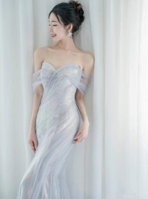 Purple’Ã?Sweetheart Sequin Mermaid Gown-Fairytale Beaded Tulle Train Long Formal Prom Dresses For Events