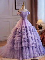 Purple Sweetheart Tulle Layers Sweet 16 Dresses Long Formal Prom Dresses A Line Off Shoulder Solid Color