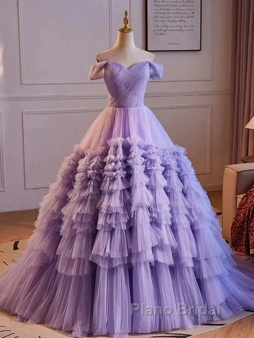 Purple Sweetheart Tulle Layers Sweet 16 Dresses Long Formal Prom Dresses A Line Off Shoulder Solid Color