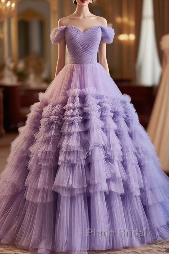 Purple Sweetheart Tulle Layers Sweet 16 Dresses Long Formal Prom Dresses A Line Off Shoulder Solid Color Main image