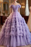 Purple Sweetheart Tulle Layers Sweet 16 Dresses Long Formal Prom Dresses A Line Off Shoulder Solid Color