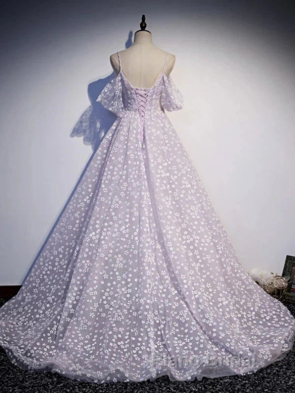Purple Tulle A Line Long Formal Prom Dresses Formal Dresses With Flowers December Wedding Guest Dresses Secondary image