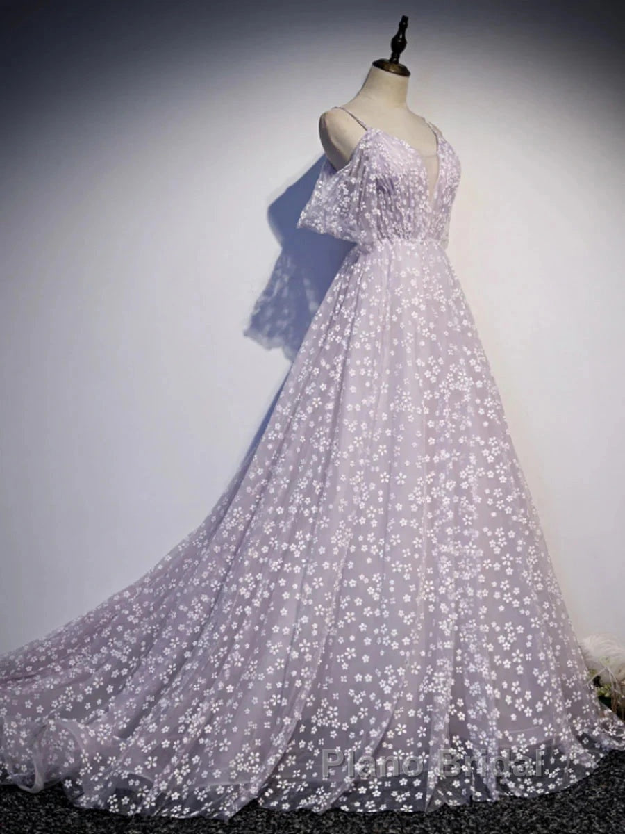 Purple Tulle A Line Long Formal Prom Dresses Formal Dresses With Flowers December Wedding Guest Dresses