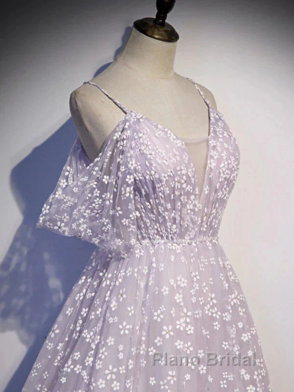 Purple Tulle A Line Long Formal Prom Dresses Formal Dresses With Flowers December Wedding Guest Dresses