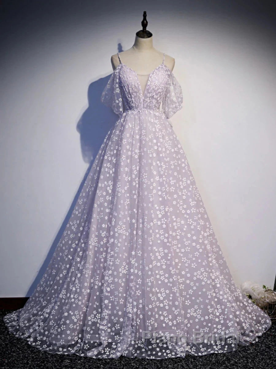 Purple Tulle A Line Long Formal Prom Dresses Formal Dresses With Flowers December Wedding Guest Dresses