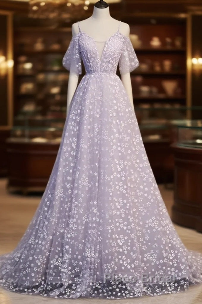 Purple Tulle A Line Long Formal Prom Dresses Formal Dresses With Flowers December Wedding Guest Dresses Main image