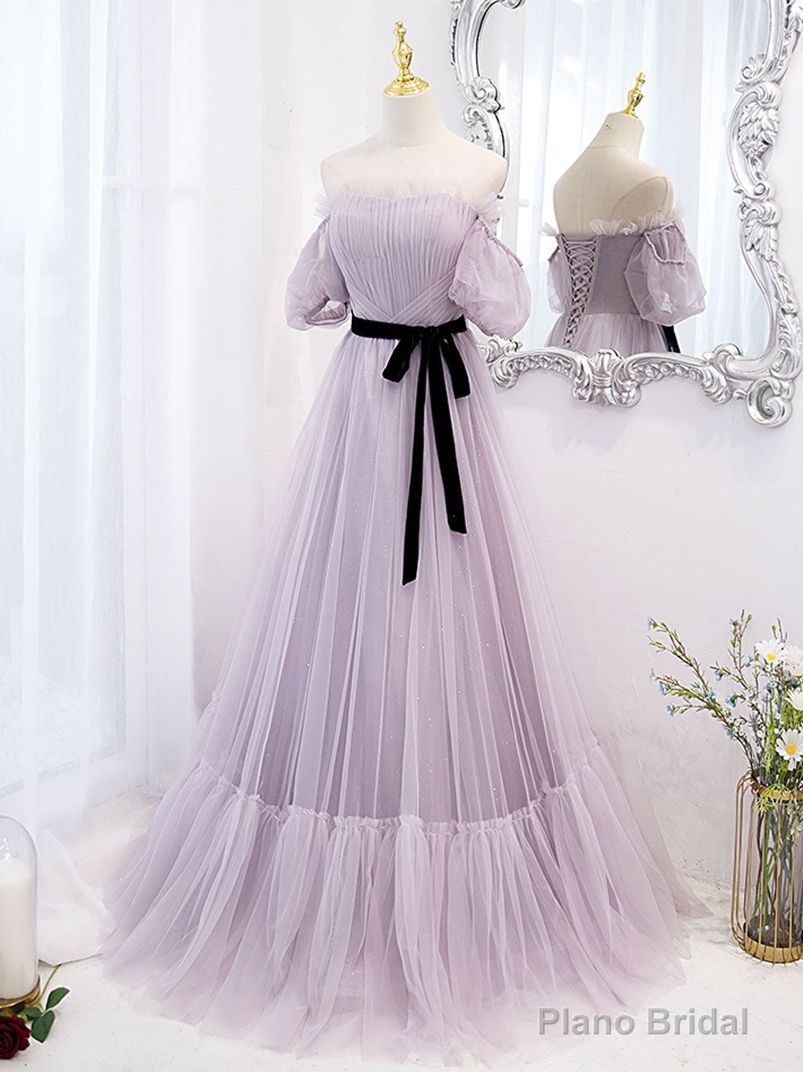 Purple tulle A line long prom dress, purple bridesmaid dress Main image