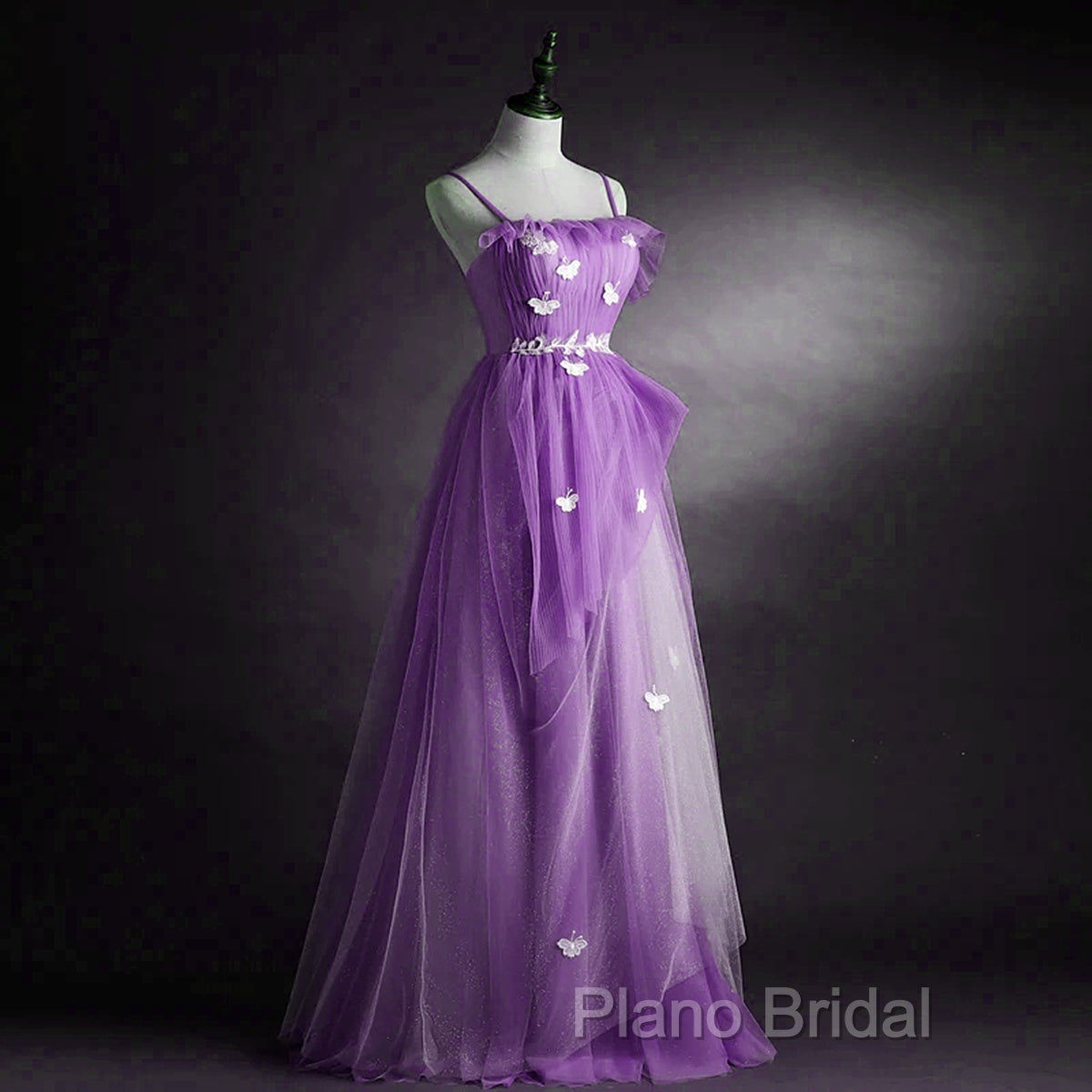 Purple Tulle A-Line Straps Long Formal Dresses, Purple Floor Length Formal Prom Dresses Secondary image