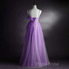 Purple Tulle A-Line Straps Long Formal Dresses, Purple Floor Length Formal Prom Dresses