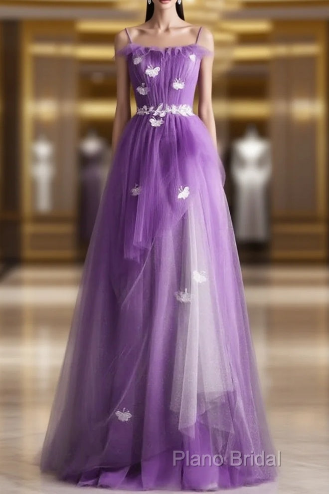 Purple Tulle A-Line Straps Long Formal Dresses, Purple Floor Length Formal Prom Dresses Main image