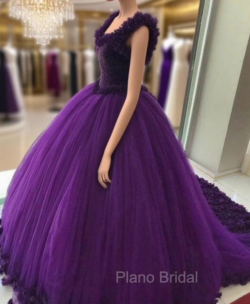 Purple Tulle Ball Gowns Flower Wedding Dresses Crystal Beaded Bodice