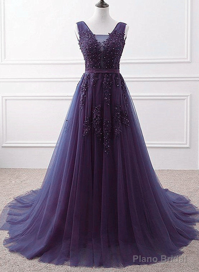 Purple Tulle Beaded Long Formal Party Dress, Dark Purple Evening Dress Main image