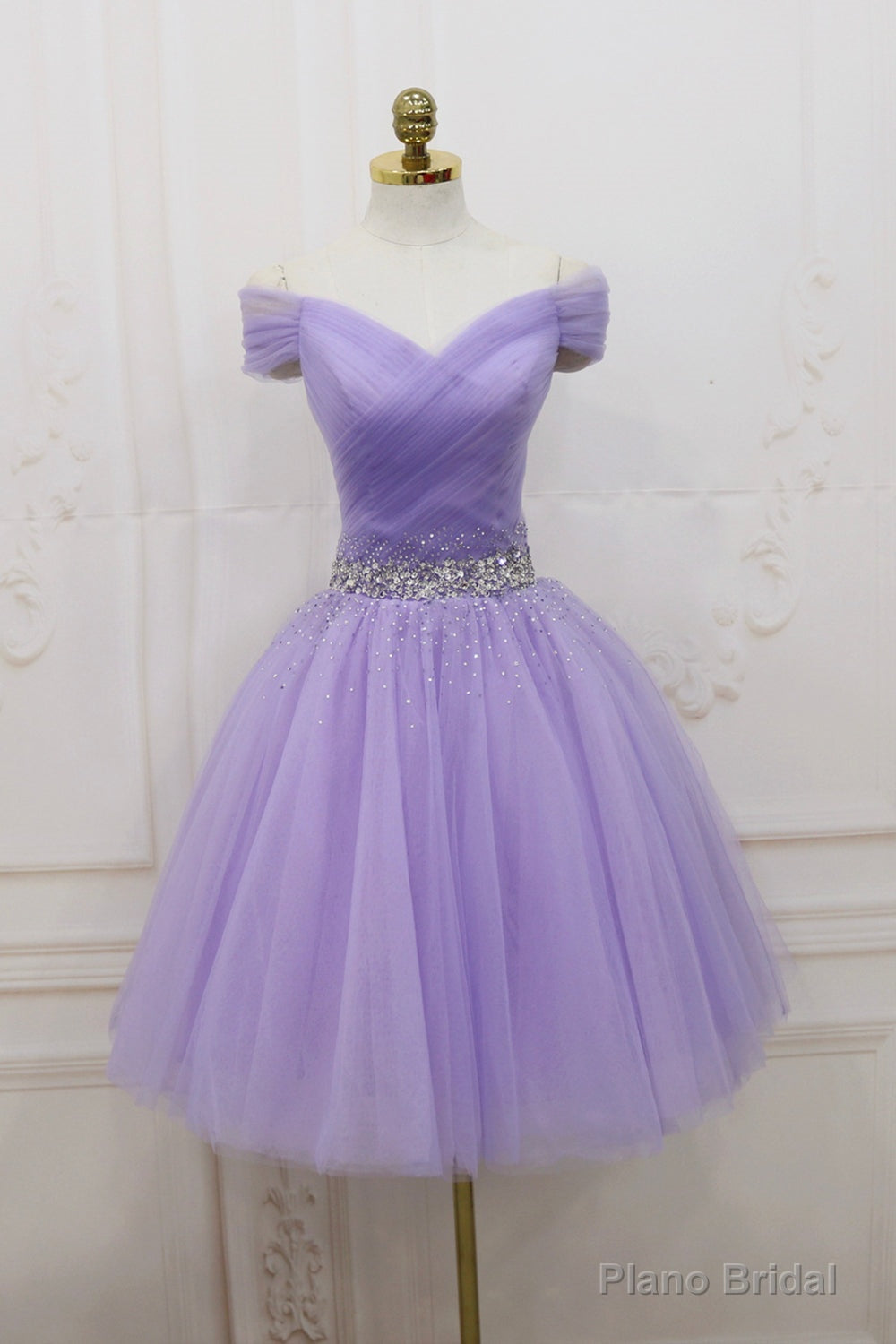 Purple Tulle Beaded Short Prom Dress, Off Shoulder Party Dress Main image