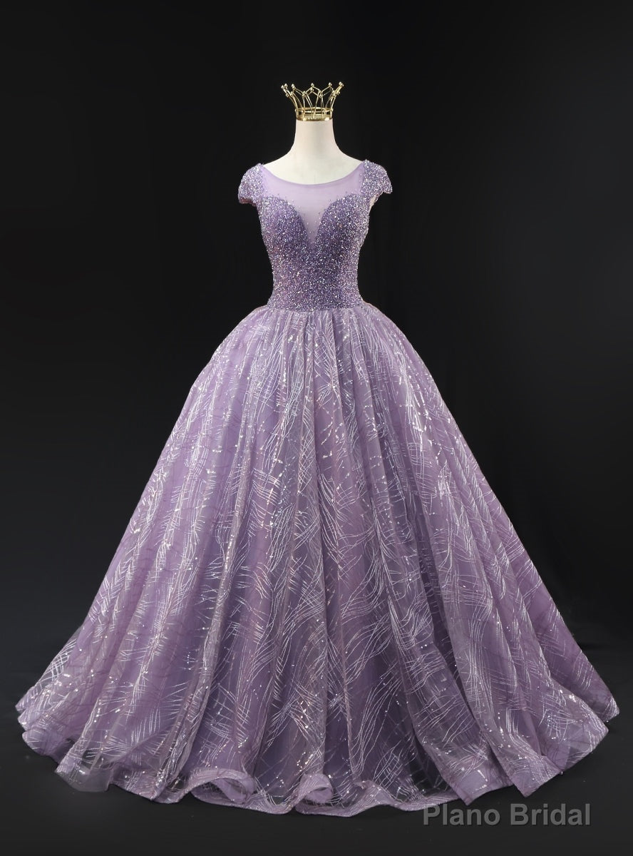 Purple Tulle Cap Sleeve Backless Beading Prom Dress Main image