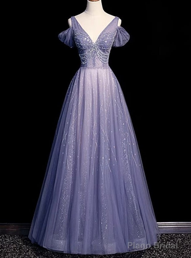 Purple Tulle Deep V-neck Beading Prom Dress Main image