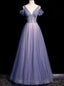 Purple Tulle Deep V-neck Beading Prom Dress