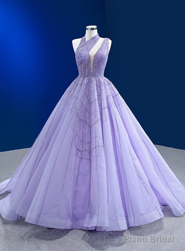 Purple Tulle Irregular Neck Sequins Beading Prom Dress Main image