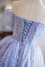 Purple Tulle Knee Length Formal Prom Dresses, Lovely Off The Shoulder Party Dresses