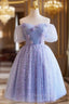 Purple Tulle Knee Length Formal Prom Dresses, Lovely Off The Shoulder Party Dresses