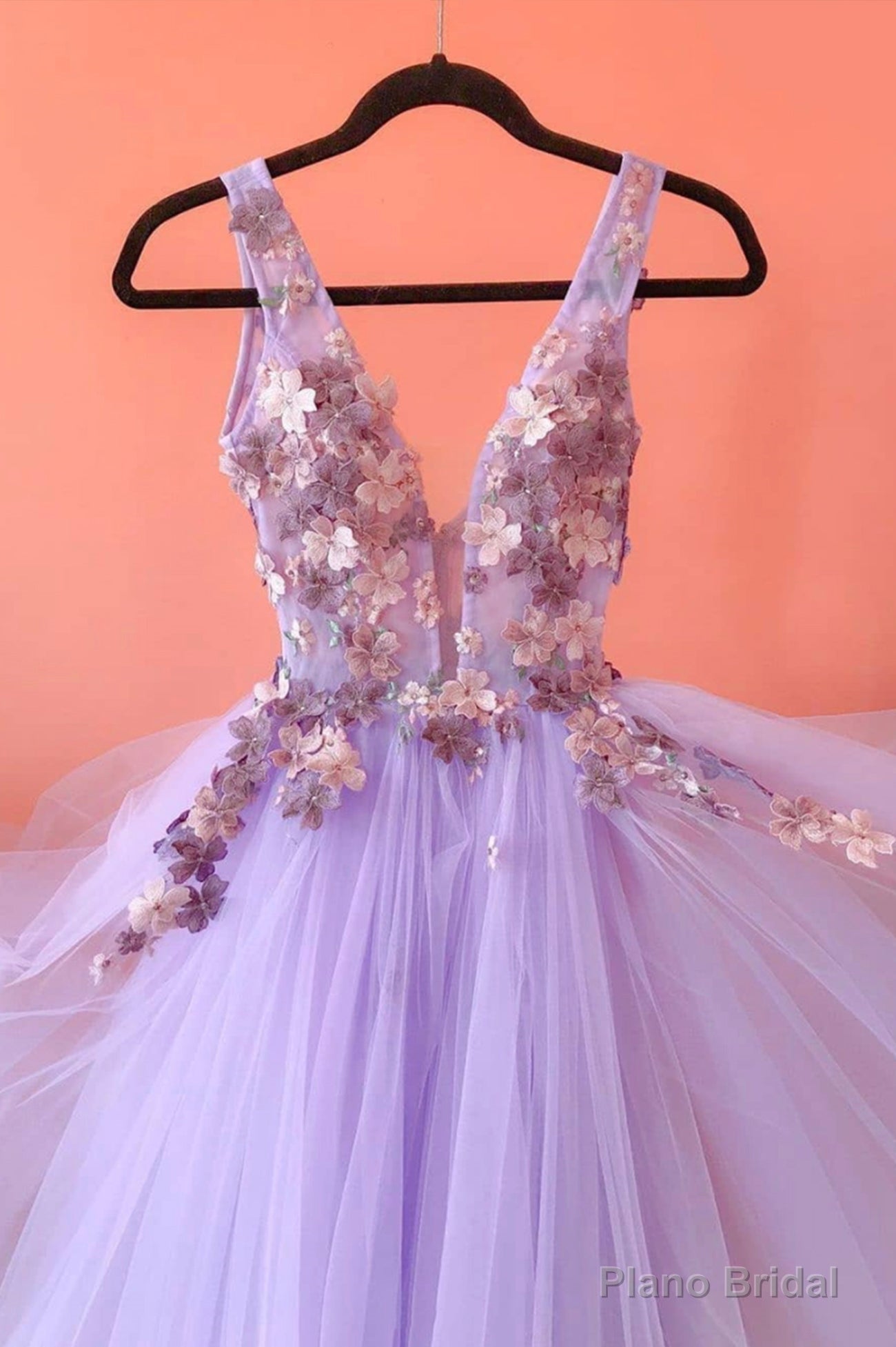 Purple Tulle Lace Long A-Line Prom Dress, V-Neck Evening Party Dress Main image