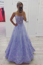 Purple Tulle Lace Long Formal Prom Dresses, A-Line Purple Graduation Formal Evening Dresses