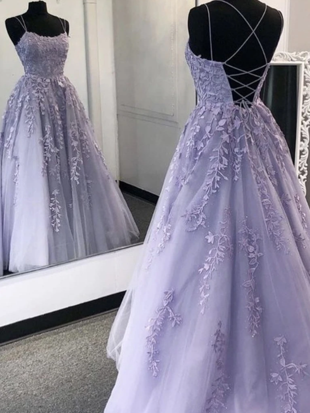 Purple Tulle Lace Long Formal Prom Dresses Formal Dresses Main image