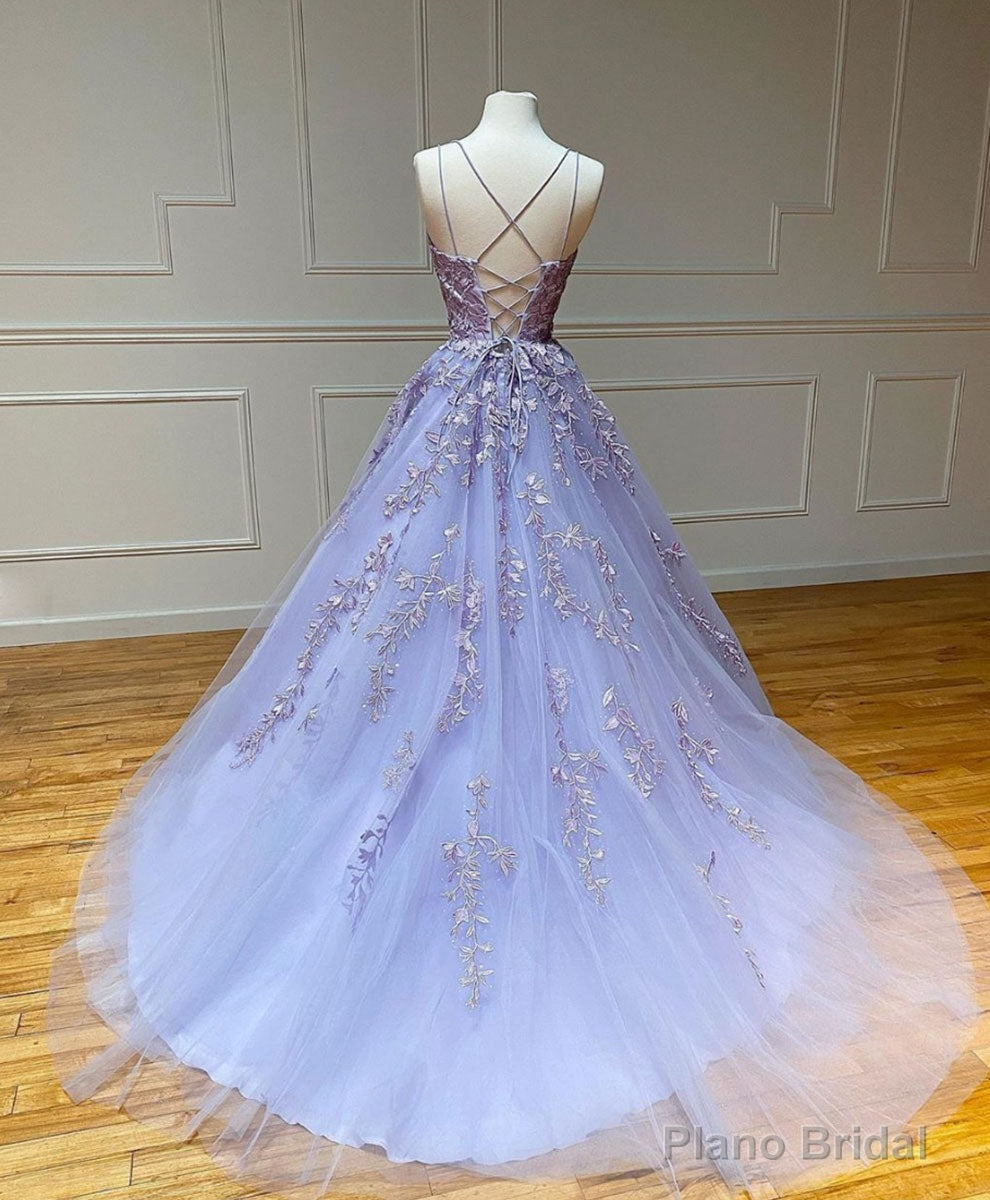 Purple Tulle Lace Long Prom Gown, Lace Tulle Purple Graduation Dresses Secondary image