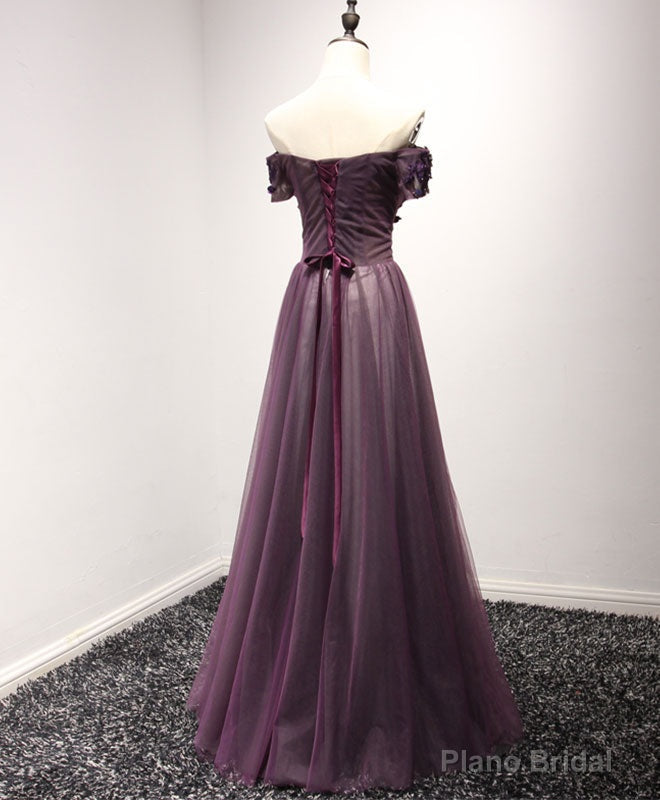 Purple Tulle Lace Off Shoulder Long Prom Dress, Purple Evening Dress