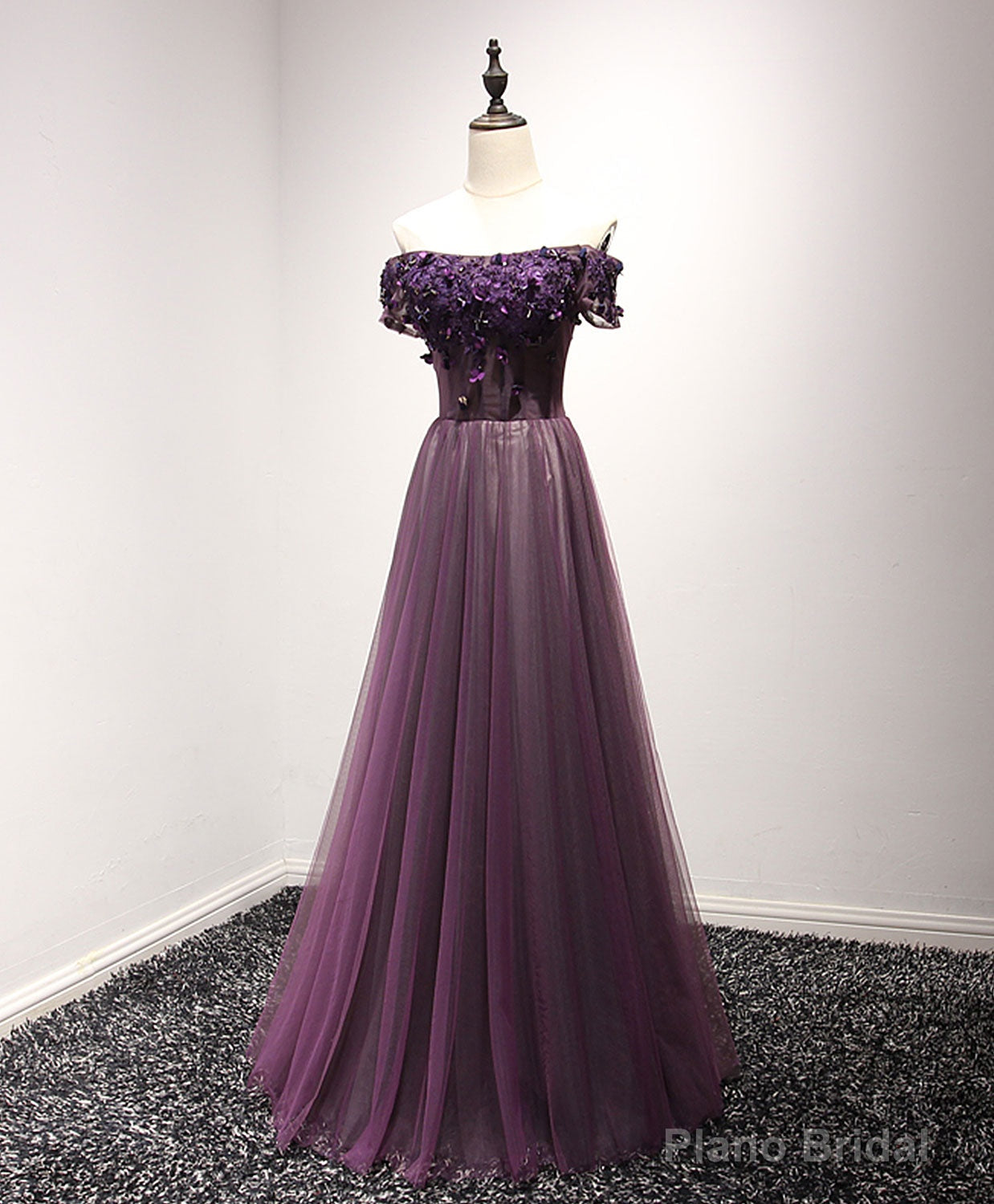 Purple Tulle Lace Off Shoulder Long Prom Dress, Purple Evening Dress Main image