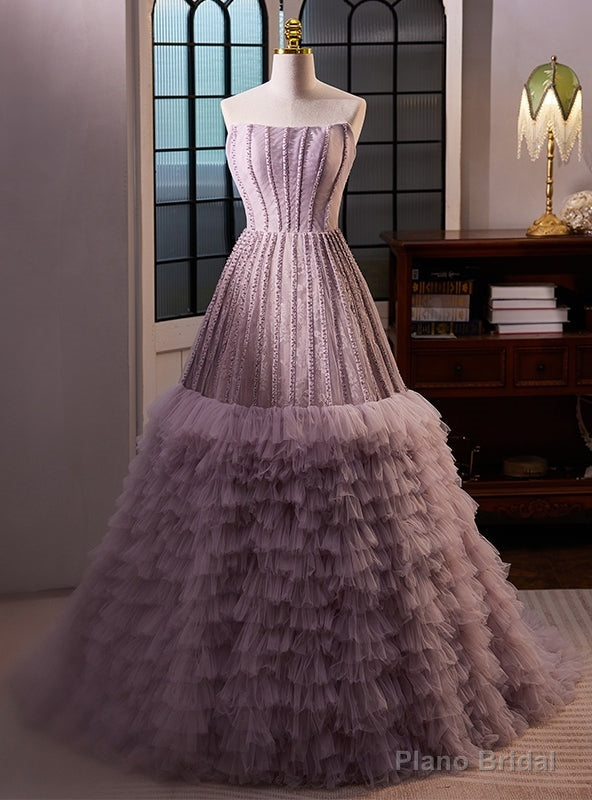 Purple Tulle Lace Strapless Beading Prom Dress Main image