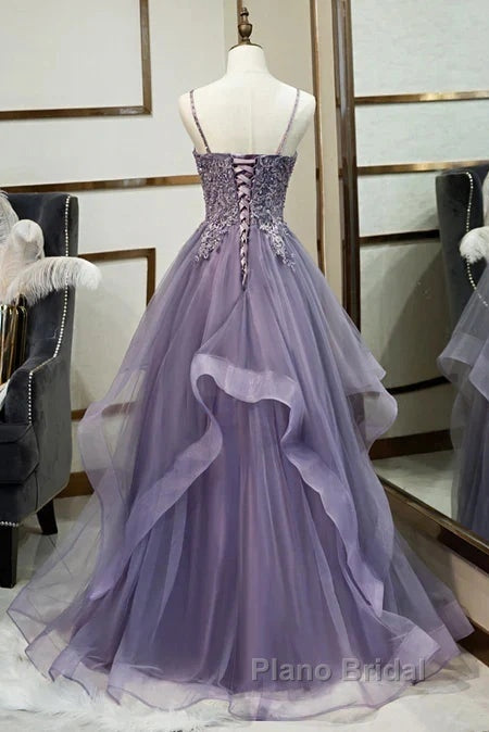 Purple Tulle Layers Long Formal Gown Lace Applique Party Dresses A Line Floor Length Formal Prom Dresses Secondary image